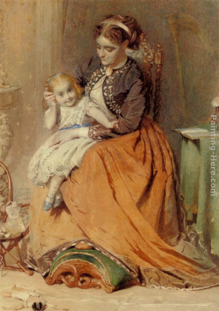 George Elgar Hicks A girl listening to the ticking of a pocket watch while sitting on her mothers lap